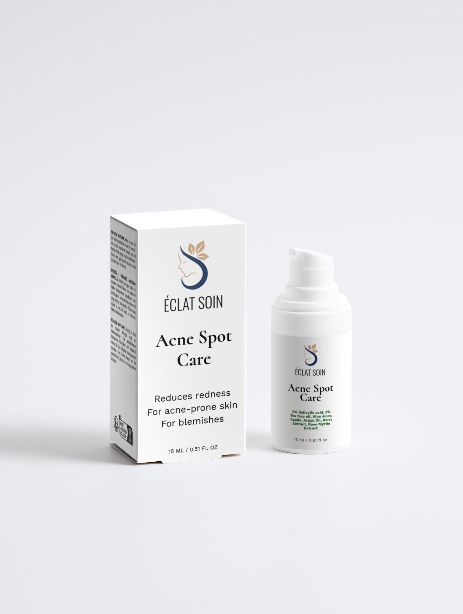 Eclat Soin Acne Spot Care for sensitive skin in a pump bottle reduces redness for acne-prone skin.